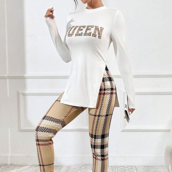 Plaid Letter Graphic Split Hem Tee & Plaid Print Leggings - Picture 1 of 4